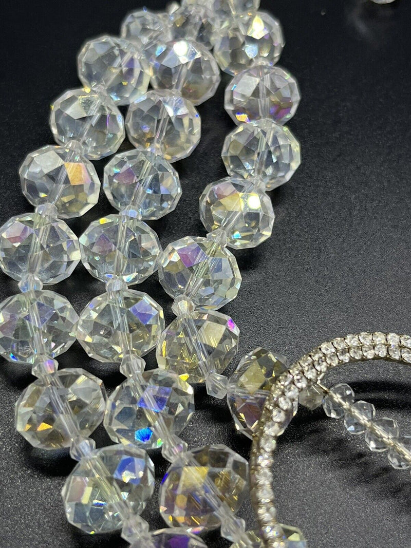 VTG Crystal Necklace Clear Aurora Borealis Statement Rhinestone Multi Strand 20"