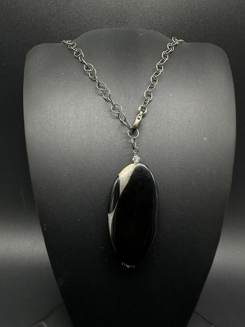 VTG 925 Sterling Silver Black Gemstone Pendant Necklace 22”