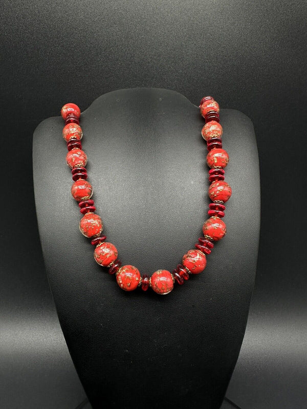 Red Foil Art Glass Beaded Necklace 22”+5