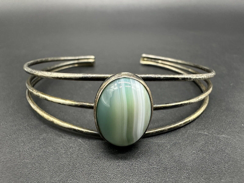 VINTAGE Sterling Silver / Green Agate Stone Ladies Cuff Bracelet 13Gs 7”