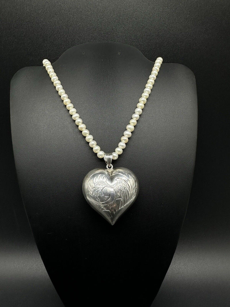 Sterling Silver Genuine Freshwater Pearl Necklace 3D Heart 18” Sterling Pendant