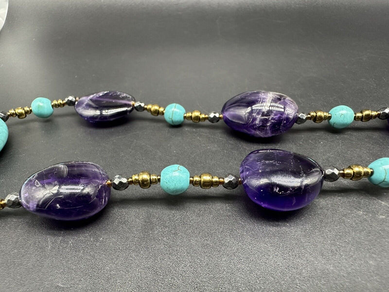 925 Amethyst and Turquoise Gemstone Necklace 36”