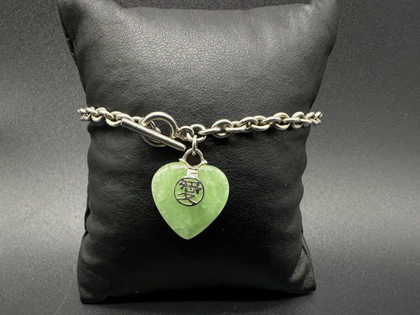 Sterling Silver Rolo Link Bracelet with Jade Heart 7” 10Gs