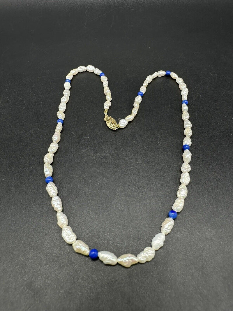 VINTAGE 14K YELLOW GOLD FRESHWATER SEED PEARL LAPIS LAZULI 16” Necklace
