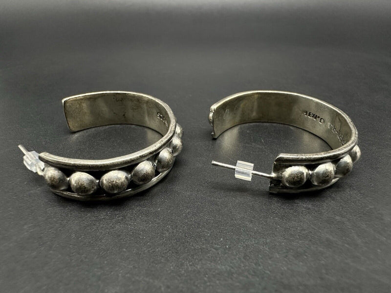 Mexico Sterling Silver Beaded Hoop Earrings 16Gs