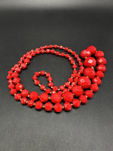 Vintage Red Glass Necklace Art Deco Faceted Beads 32” Long Single Strand Antique