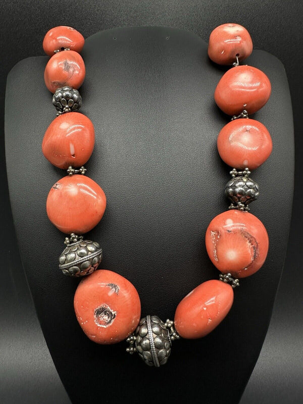 Pink Bamboo Coral Chunky Sterling Silver Bead Necklace 18”