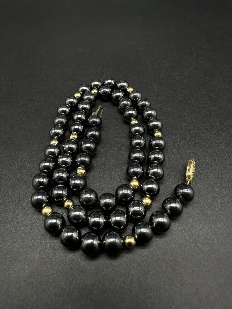 14K YELLOW GOLD FISHHOOK 87mm GENUINE HEMATITE BEAD NECKLACE 17” LENGTH