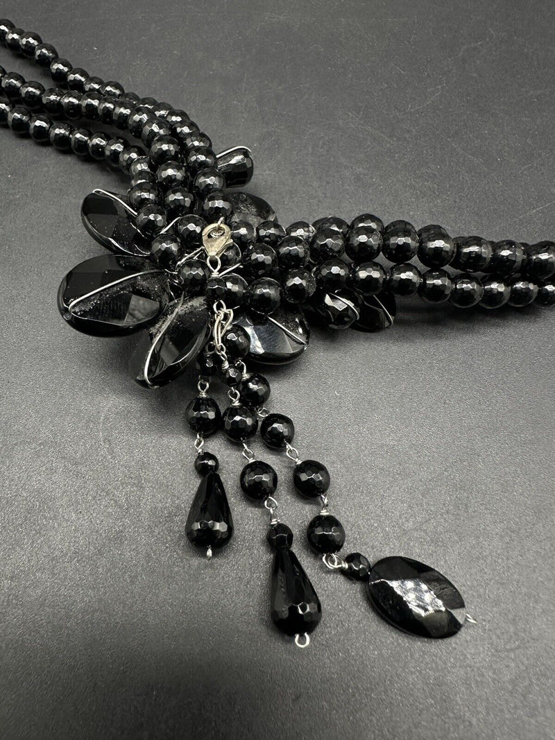 Vintage 925 Soms Beautiful Black Faceted Gemstone Necklace 17” ~Rare!