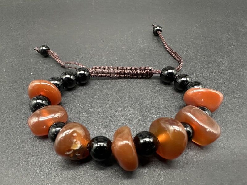 Woven Natural Old Carnelian And Onyx Stone Beads Wearable Bracelet 6-8"