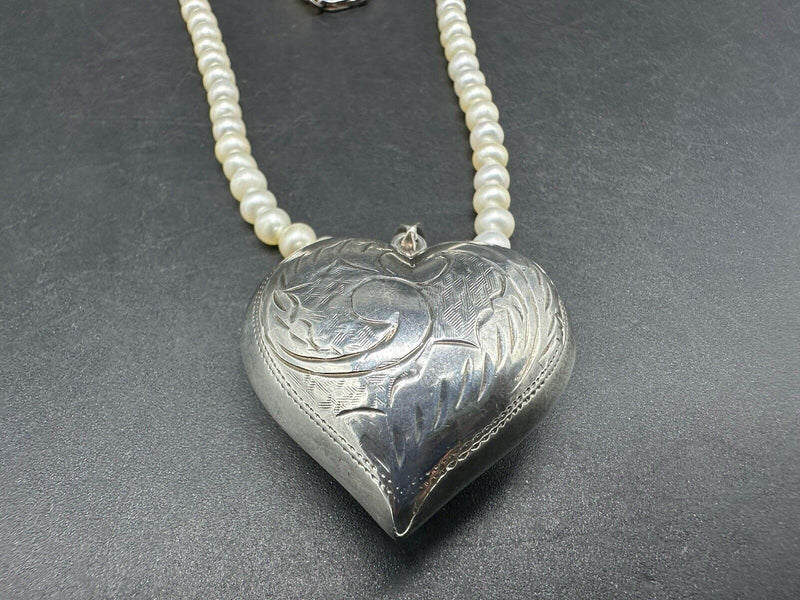 Sterling Silver Genuine Freshwater Pearl Necklace 3D Heart 18” Sterling Pendant