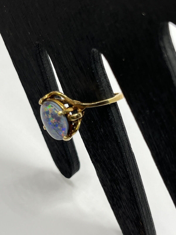 Vintage 14k Gold Oval Cabochon Triple Opal Solitaire Ring Size 5.5