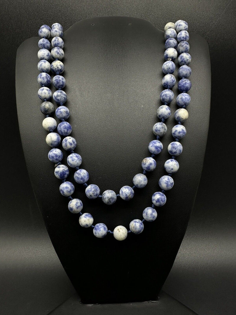 Natural 9mm Blue Spot Jasper Round Gemstone Knotted Beads Necklace 60”