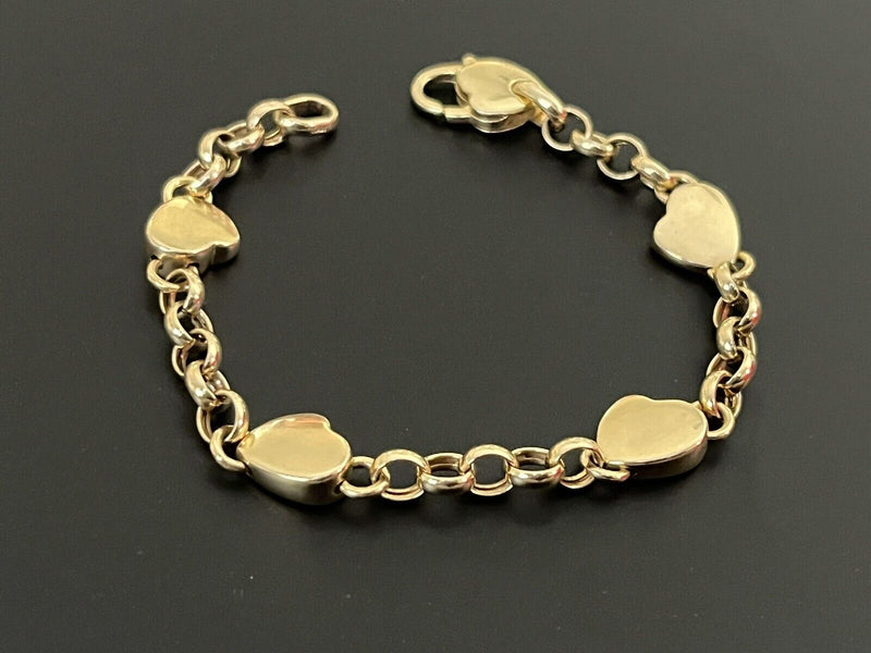 14K Yellow Gold Rolo Link Chain Heart Pendant Bracelet 9.3g