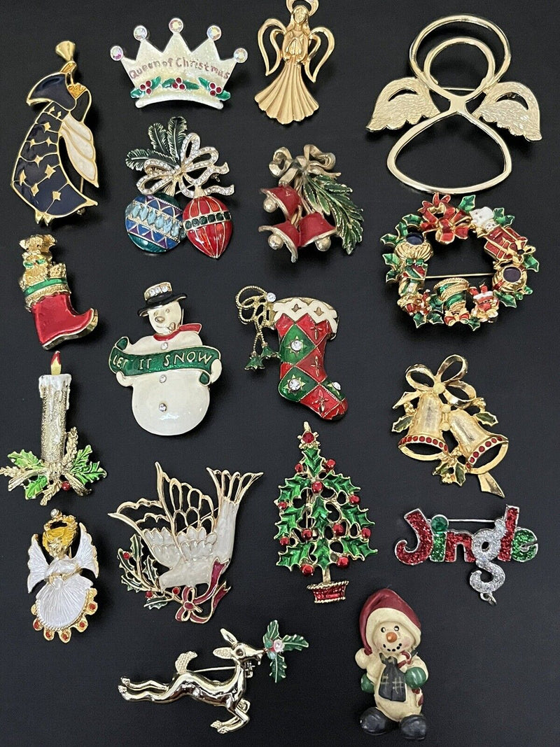 Lot Of 18 Signed Vintage to Modern Holiday Christmas Brooches~Unsigned~