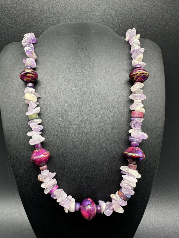 Amethyst Nugget Statement Beaded 22” Necklace