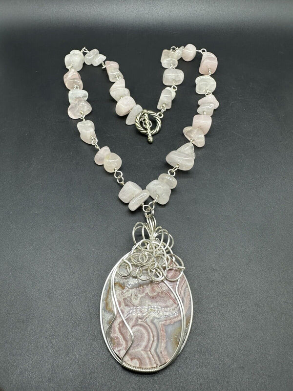 Vintage Rose Quartz Necklace Pendant 24” 129Gs