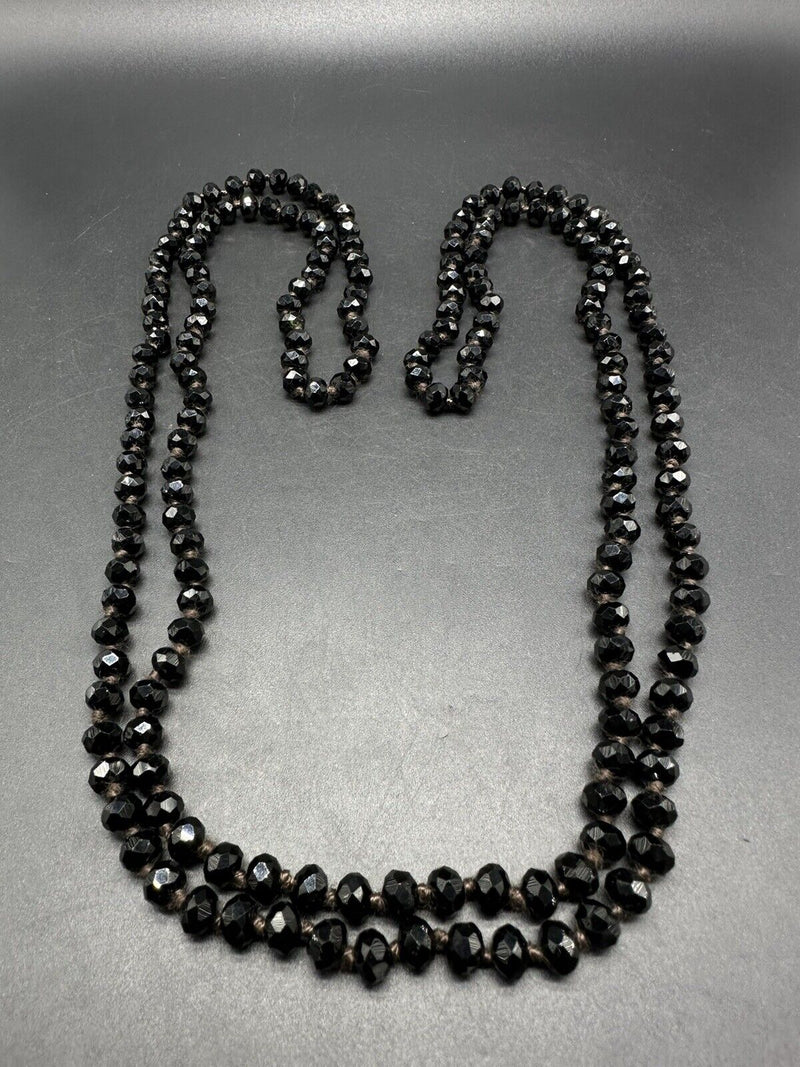 Black Jet Faceted Crystal Long Beaded Strand Statement Necklace 60”