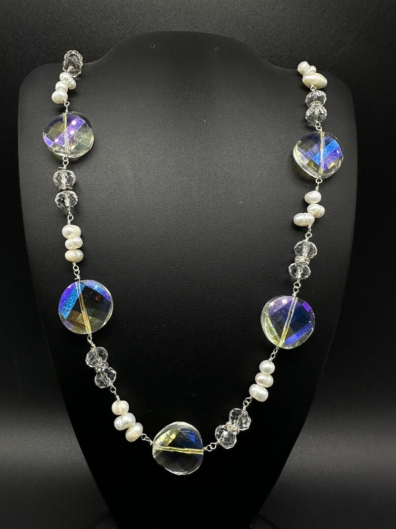 Sterling Silver Faceted Aurora Borealis Crystal Glass Pearl Necklace 36”