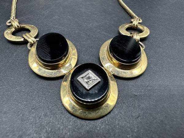 Vtge Victorian Art Deco Gold Filled Black Onyx Stone Necklace 16” & Earring Set