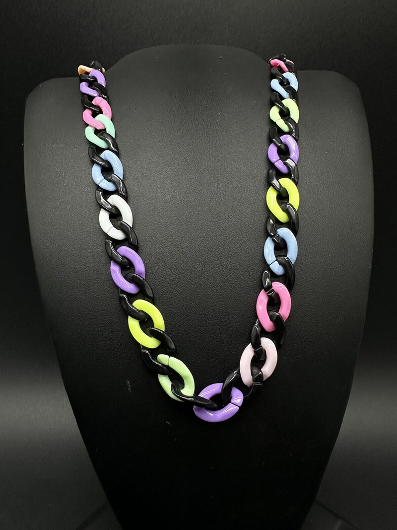 Colorful Acrylic Resin Plastic Curb Statement Link Necklace Multi Color 18”