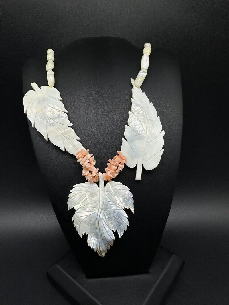 Mother of Pearl Angel Skin Coral Carved Leaves Bead Necklace 24” Long