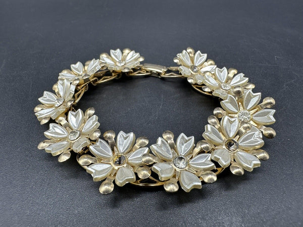 Vintage Thermoplastic  Gold Tone Bracelet White Flower with Crystals 7”