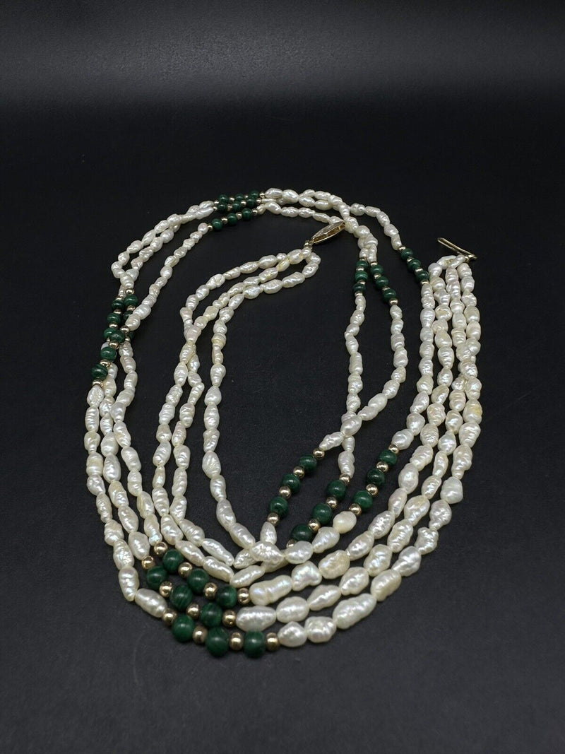 Vintage Estate 24” 3 Strand Rice Pearls Malachite Bead Necklace