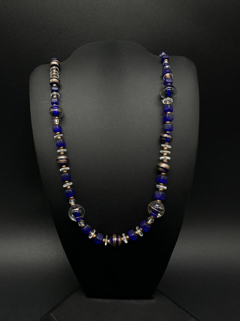 Blue Art Glass Smooth Beads Necklace 25”