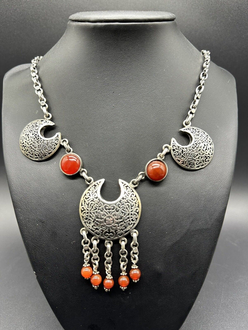 19” Sterling Silver Tribal Ethnic Carnelian Statement Necklace 19" Long