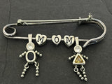 Vintage Large Sterling Silver Mom Charm Brooch~925 Safety Pin Dangle Kids Charms