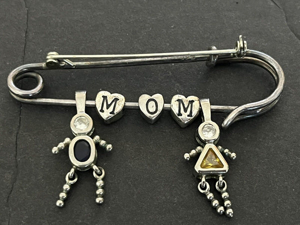 Vintage Large Sterling Silver Mom Charm Brooch~925 Safety Pin Dangle Kids Charms