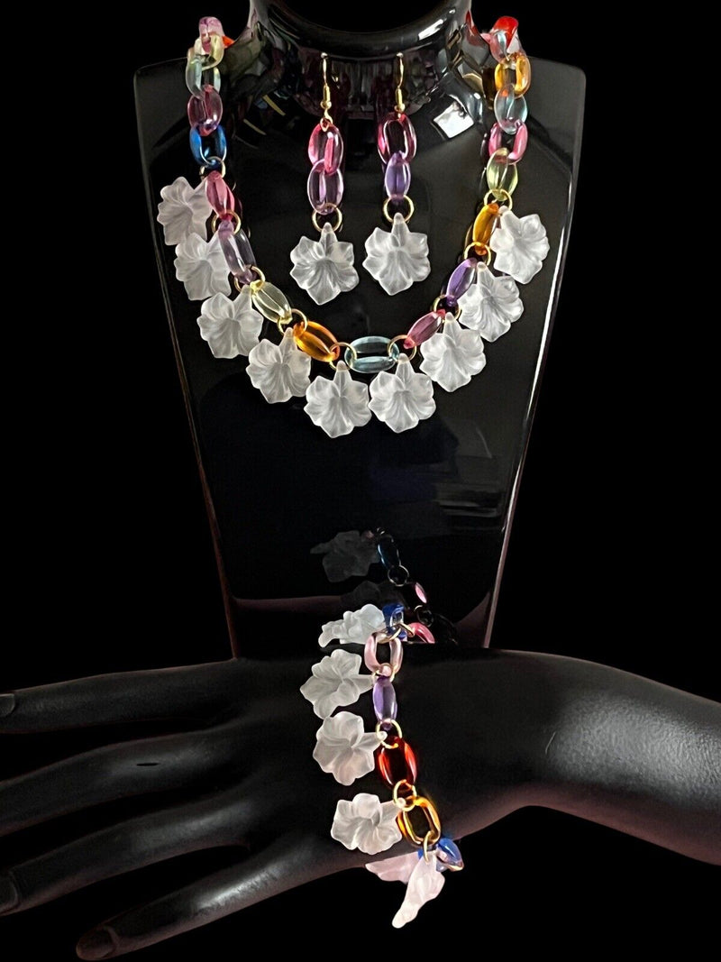 Fun Acrylic Statement Necklace Bracelet & Earrings Handmade Jewelry Set 15”