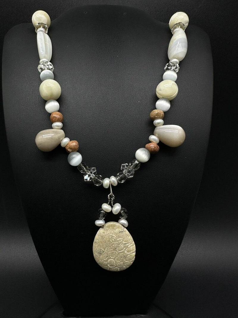 Stone Statement Beaded Necklace Handmade 20”