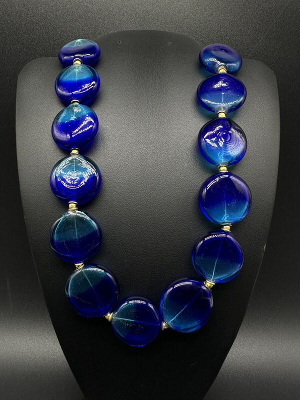 VTG Blue Czech Art glass Stone Statement Necklace 18”