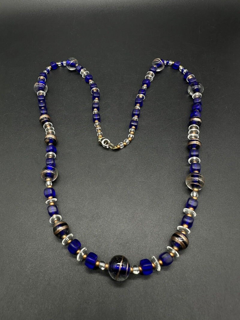 Blue Art Glass Smooth Beads Necklace 25”