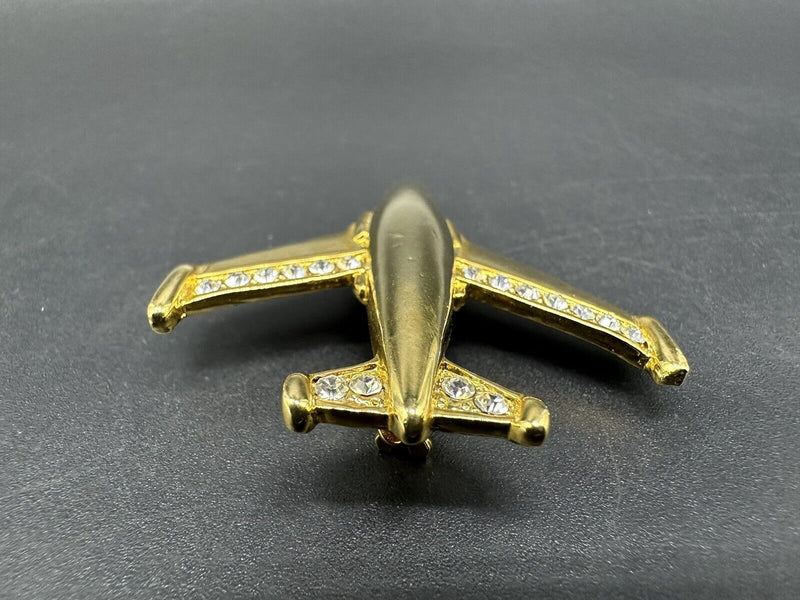 Kirks Folly Airplane Brooch Gold Tone Rhinestone