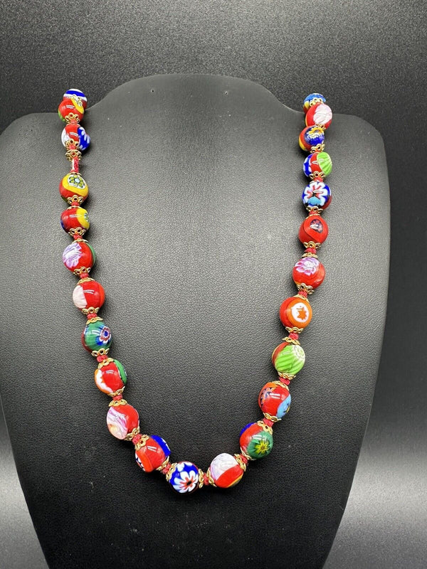 Vintage Venetian Murano Millefiori Red Multi Glass Beads Knotted 30” Necklace