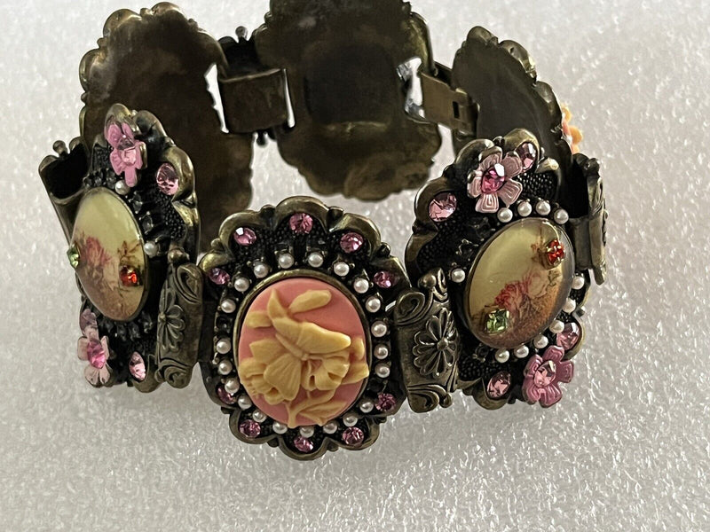 Antique Victorian Porcelain Rhinestone Floral Link Panel Bracelet 7.5”~Highend~