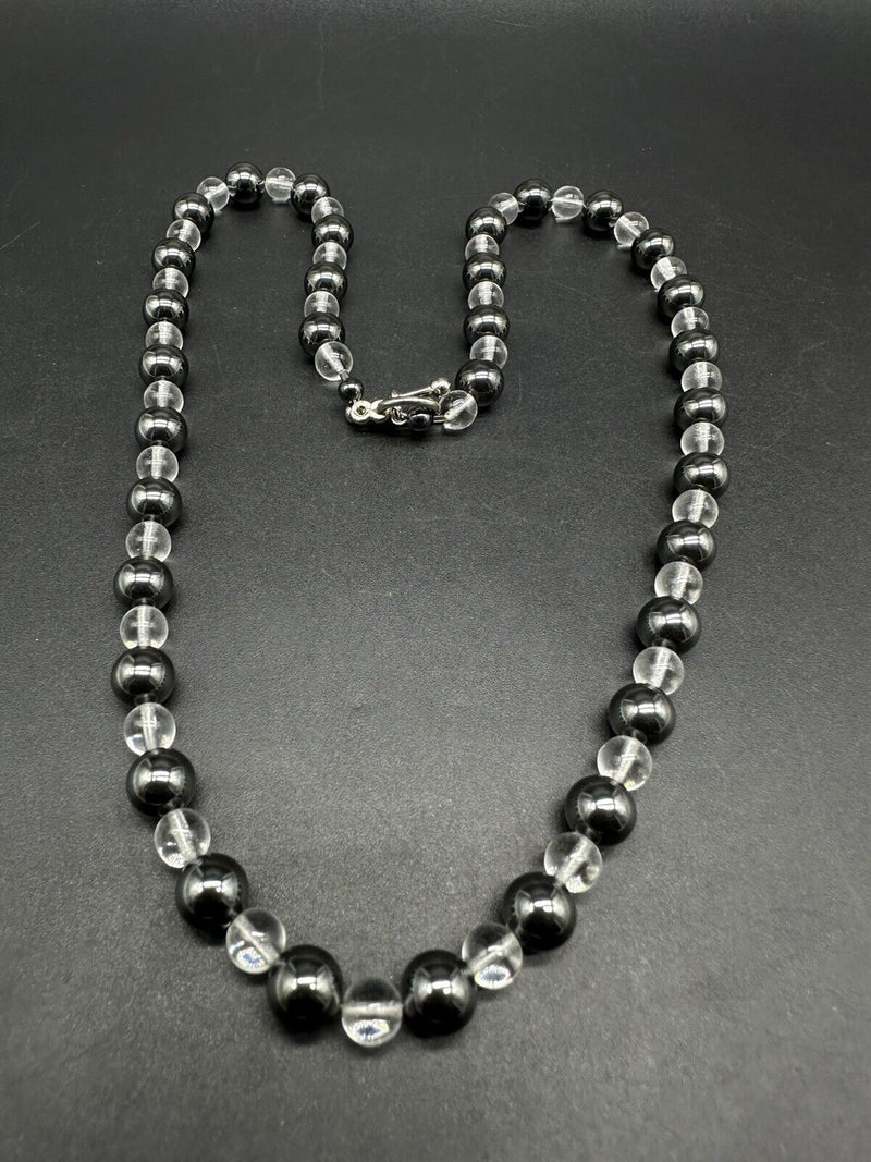 VINTAGE HEMATITE Crystal Bead NECKLACE ESTATE STERLING CLASP 18” 55Gs