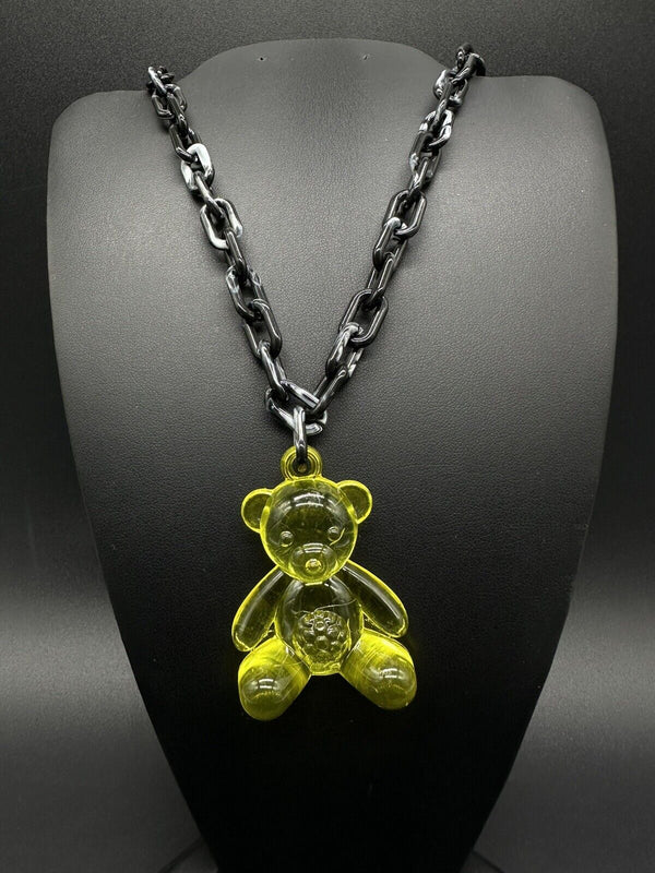 Acrylic Cable Link Chain Crystal Yellow Bear Pendant Necklace 17” Long Black