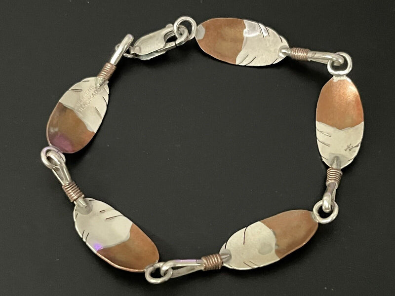 Clemens Handmade Southwest Copper Sterling Silver Panel Link Bracelet 6.5"