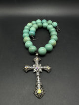 Chunky Faux Turquoise Beaded Cross Necklace 18”