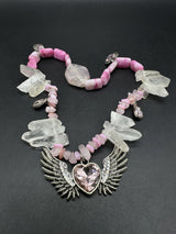 Pink Heart & Wings Crystal Bead Choker Necklace 15”