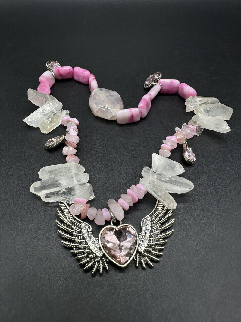 Pink Heart & Wings Crystal Bead Choker Necklace 15”