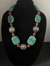 Tibetan Silver Coral/Turquoise Large Bead Necklace  (Heavy)