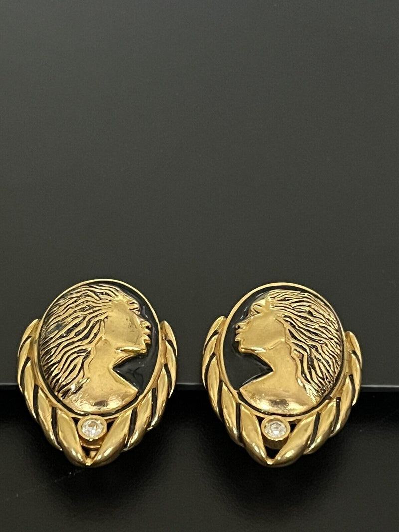 Signed Coreen Simpson Cameo Clipon Black Gold Tone Earrings