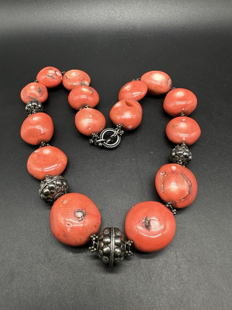 Pink Bamboo Coral Chunky Sterling Silver Bead Necklace 18”