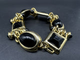 Vintage Chunky Gold Tone Bracelet With Black Stones Costume Jewelry 8”