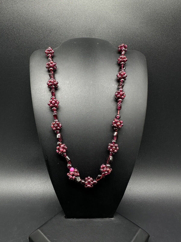 Vintage Bohemian Red  Garnet Clustered Single Strand Necklace 28”